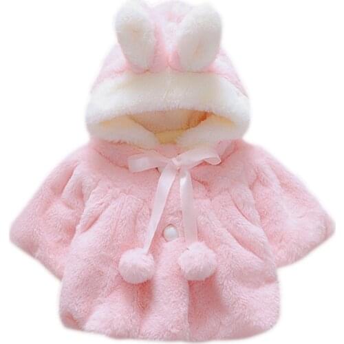 Cartoon Baby Girls Imitation Rabbit Fur Ear Shawl Coat Hooded Warm Thick Pink White Jacket Top 0-4T