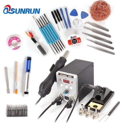 Qsunrun 8586 110V / 220V 700W 2 in 1 SMD Rework Soldering Station Hot Air Gun + Solder Iron With Air nozzle Tweezers Solder wire
