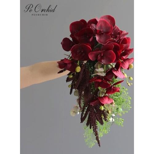PEORCHID Burgundy Cascading Wedding Flowers Waterfall Bridal Bouquet Ramo De flores Artificiales Orchid Bride Hand Bouquet