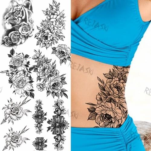 Peony Temporary Tattoos For Women Girls Realistic Tiger Rose Flower Bow Arrow Fake Tattoo Sticker Sexy Waist tatoos Wedding