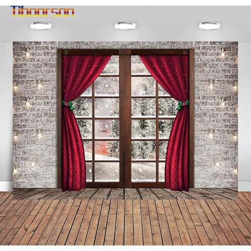 Christmas Background Brick Wall Snow Outdoor Window Curtain Family Portrait Photograph Props For Photography Studio
