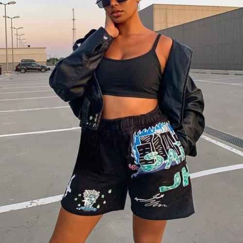 Summer Women Casual Shorts Printed Cool Street Short Pants Elastic Middle-Waist Loose Short Trouser for Girls Streetwear
