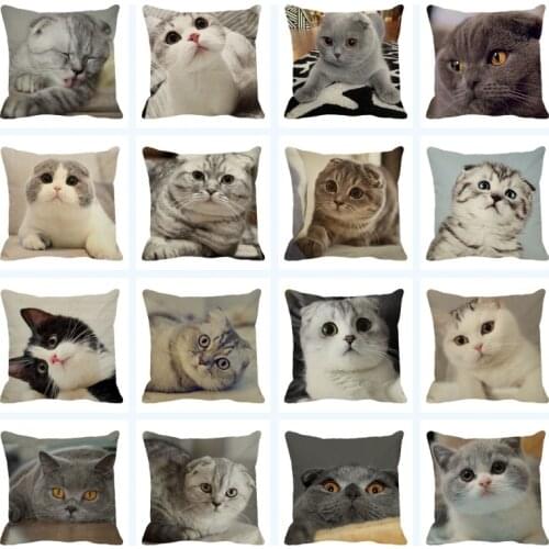 XUNYU Cute Pet Fold Cat Coushion Cover Linen Printing Pillowcase Home Sofa Car Decoration Pillowcase 45x45cm D0092
