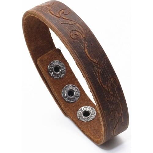 Vintage Brown Wristband Retro Handmade Pressed Wide Genuine Leather Men Bracelets Cuff Bangle male Party Jewelry Gift