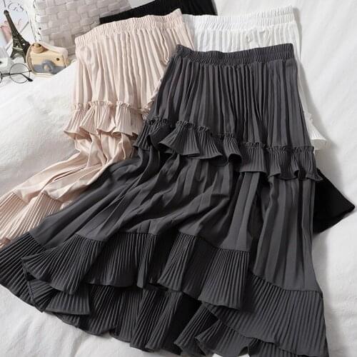 2021 New spring Autumn Pleated Skirt High Waist Irregular Hem Flouncing Women Long Skirts Women Fashion elegant skirt