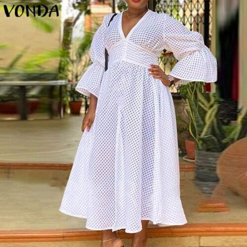 Women Summer Dress VONDA 2021 Spring Autumn Long Sleeve Sexy V Neck High Waist See Through Party Dresses Bohemian Vestidos