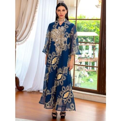 Fashion Sequined Beading Islam Muslim Dress Embroidery Caftan Dresses Women Djellaba Robe Longue Vetement Musulmane Femme Wy130
