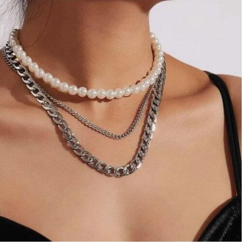 Thick Chain Hip hop Choker Necklace & Pendant Simulated Pearl Collar Multi Punk Statement Necklace for Women Trendy Jewelry
