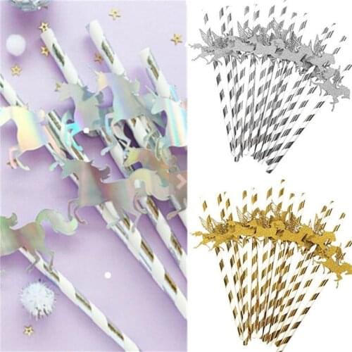 25Pcs Gold Silver Paper Straw With Gold Glitter Unicorn For Kids Birthday Party Decoration Unicorn Party Favors Baby Shower Girl