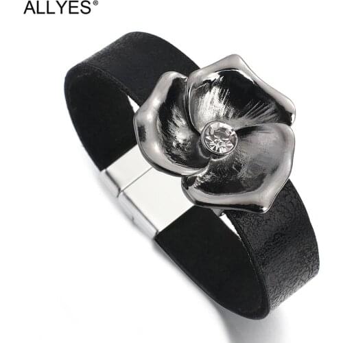 ALLYES Gun Black 3 Petals Flower Charm Leather Bracelet for Women Shiny Crystal Bangles Party Jewelry Valentines Day Gifts