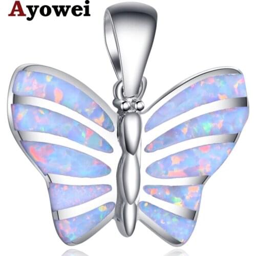 Ayowei Beautiful Butterfly Animals Design White Fire Opal Silver Stamped Necklace Pendants fashion jewelry for girls OP734A