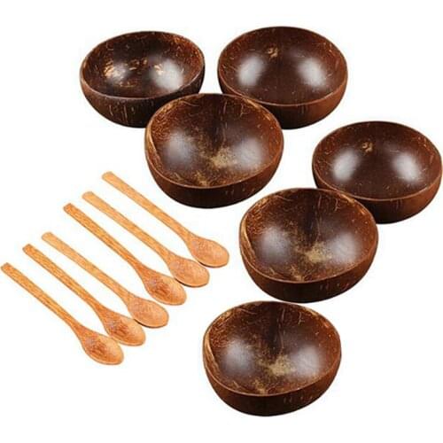 Coconut Bowl Set Handmade Coconut Shell Tableware Wood Spoon Dessert Fruit Salad Mixing Bowl Rice Ramen Bowl 12Pcs
