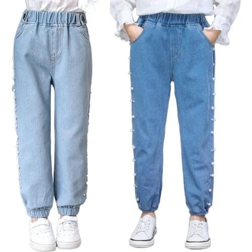 Oyolan Children Long Pants 2021 Spring Autumn Wear Teenage Pearl Pocket Blue Denim Trousers Beaded Jeans For Girls Kids Clothes