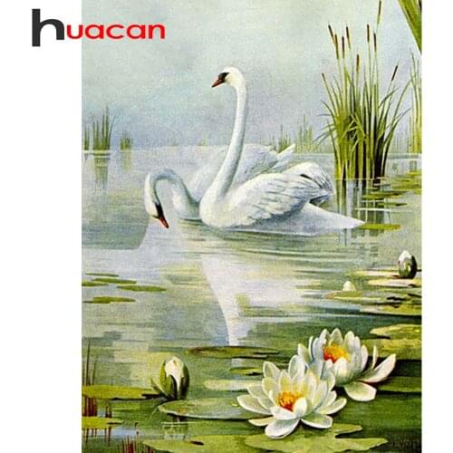 Huacan Diamond Painting Swan Animal Cross Stitch Pond Diamond Embroidery Lotus Mosaic Handmade Gift Home Decor