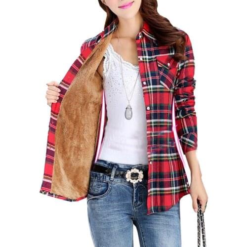 Classic British Plaid Slim Lining Velvet Commuter Warm Shirts Lapel Single-Breasted Jacket Autumn Winter Coats Women Outerwear