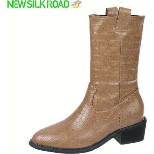 Retro Classic Mid Calf Women Boots Sexy Ridding Knight Vintage Crocodile Skin Ladies Pointed Toe Chelsea Scottish Chic Booties