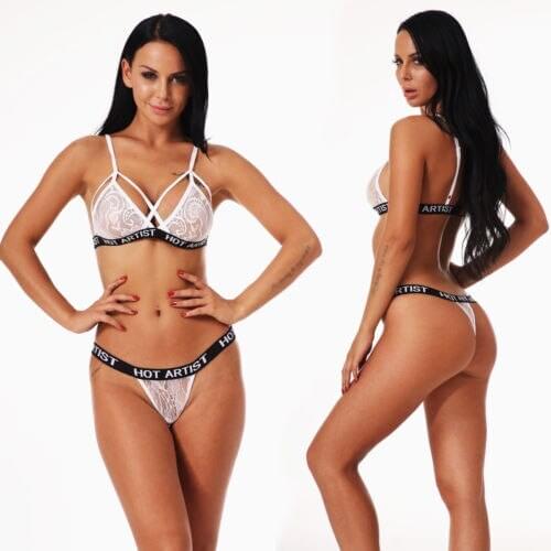 Fashion 2 Pieces Bandage Bras G-string Thong Set Women Sleepwear Underwear Nightwear Sexy Lingerie Lace Bra Sets Babydolls