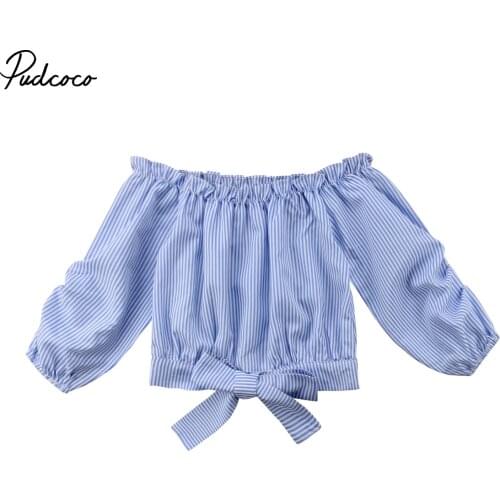 2020 Brand New Toddler Child Baby Kid Girl Stripe Ruffles Off-Shoulder T-shirt Tops Plicated Long Sleeve Casual Clothes 3-10T