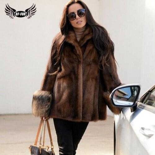 2021 New Genuine Real Mink Fur Jacket For Women Natural Full Pelt Real Mink Fur Coat Lapel Collar With Raccoon Fur Cuff Overcoat