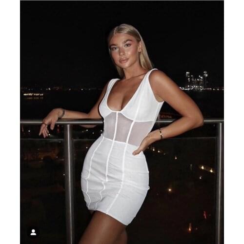 New Arrival Amazing Black White Sleeveless Mesh Patchwork Bandeau Celebrity Style Wholesale Sexy Night Cocktail Bandage Dress