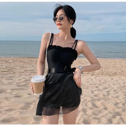Skirt-Style Bow Waist Slimming Boxer One-Piece Hot Spring Ladies Swimsuit Open Back Solid Color Bright Silk Small Fresh Swimwear