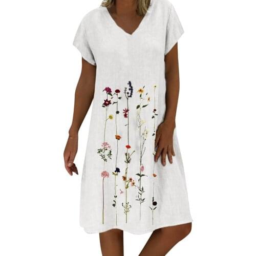 Casual Floral Printed V-neck Short Sleeve Midi Dress KZ017