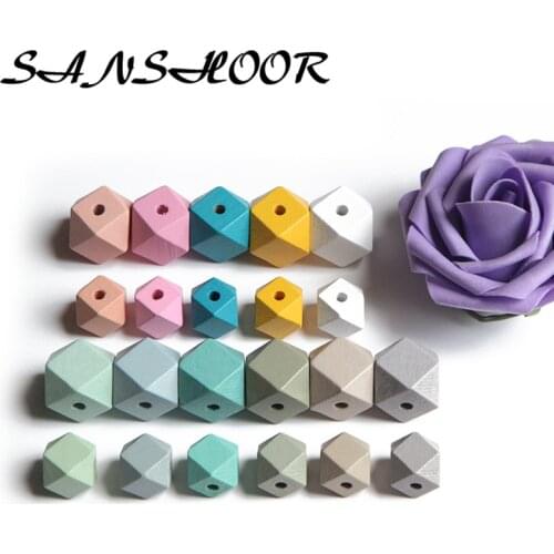 SANSHOOR Hexagonal Rainbow Wooden Beads Geometric Wood Craft For Diy Key Chains Women Jewelry Mix 15mm 20mm 40Pcs