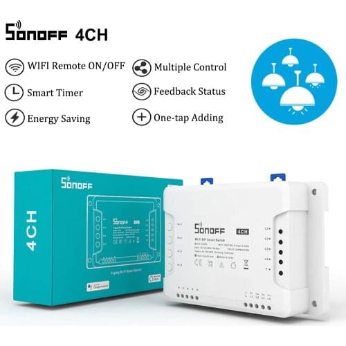 Sonoff 4CH R2 4 Gang Wifi Light Smart Switch, 4 Channels Electronic Switch IOS Android App Control, Works With Alexa Google Home