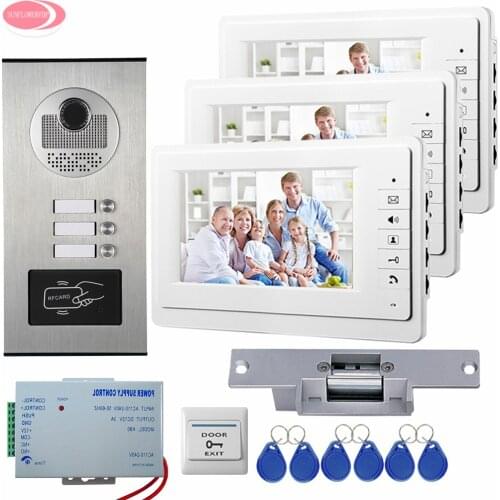 For 3 Apartment Video Door Phone Doorbell Intercom 3 Buttons Rfid IR Camera Home Video Door Phone 7 inches+Strike Electric Lock