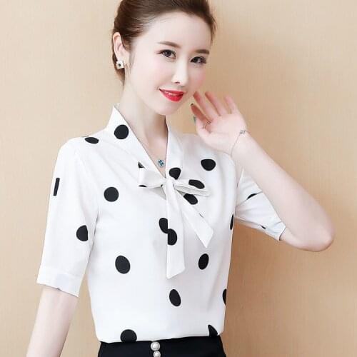 Womens Spring Summer Style Chiffon Shirt Womens Elegant V-neck Bow Polka Dot Short Sleeve Korean Loose Tops DD8648