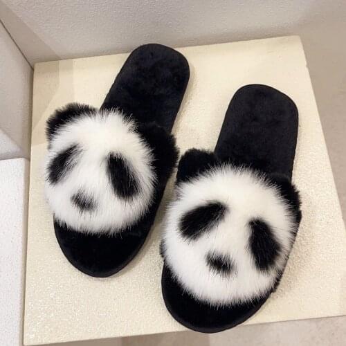 2021 Cute Panda Fluffy Home Slippers Women New Soft Faux Fur Slippers Cozy Furry Slides Fashion House Floor Plush Warm Shoes Hot