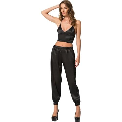 Womens Black Satin Braletli Suit tracksuit satin set