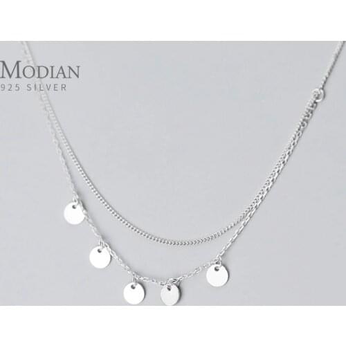 MODIAN 925 Sterling Silver Simple Double Chain Sequins Pendant Necklace for Women Geometric Necklace Korea Style Fine Jewelry