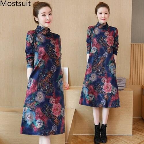 M-5xl Plus Size Printed Vintage Long Dress Women Autumn Winter Thicken Turtleneck Long Sleeve Dresses Casual Fashion Vestidos