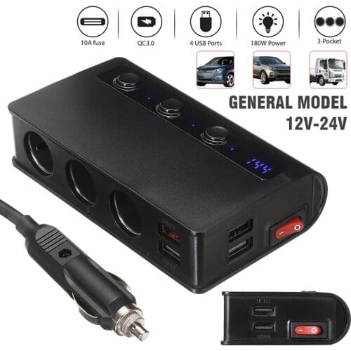 180W 12V-24V 6.6A Car Auto 3 Cigarette Lighter Adapter Charger Plug Socket Splitter 4 USB Charging Ports Phone Fan Seat Heater
