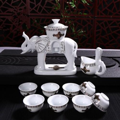 Automatic White Ceramic Transparent Tea Pot Cup Sets With Gift Box Creative Elephant Porcelain Kung Fu Tea Set mouth Cups