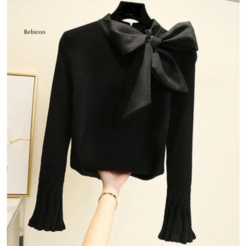 Big Bow Collar Women Sweaters Korean Style Knitted Ladies Pullovers Flare Sleeve Elegant Sweater Tees One Size Belt Bow Tops