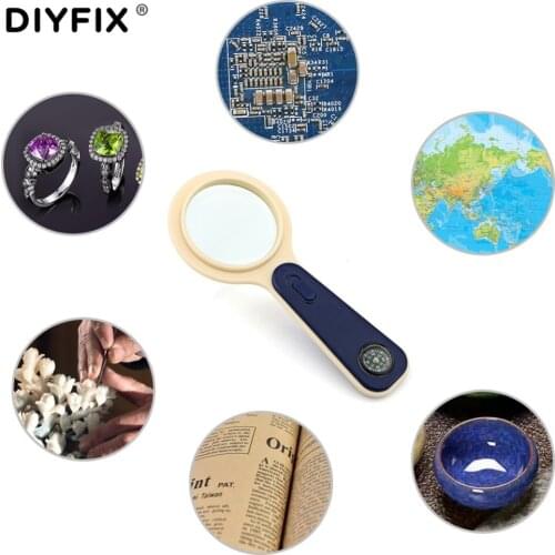 DIYFIX EDC Tools 5X Optical Magnifier with Compass and 1 LED Light Handheld Magnifying Reading Loupe Outdoor Survival Hand Tool