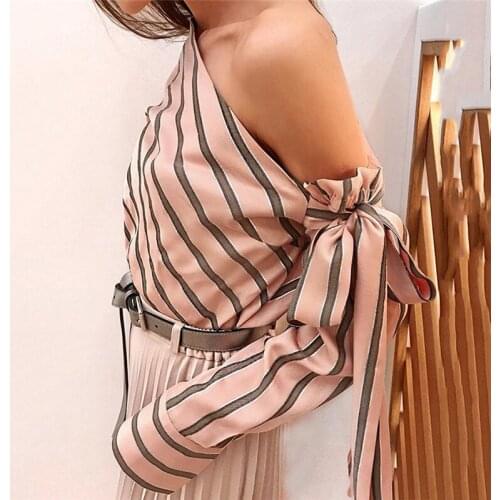Women Blouse Summer New Relaxed Temperament Diagonal Shoulder Collar Tie Bow Stripe Shirt Loose Womens Sexy Long Sleeve Tops