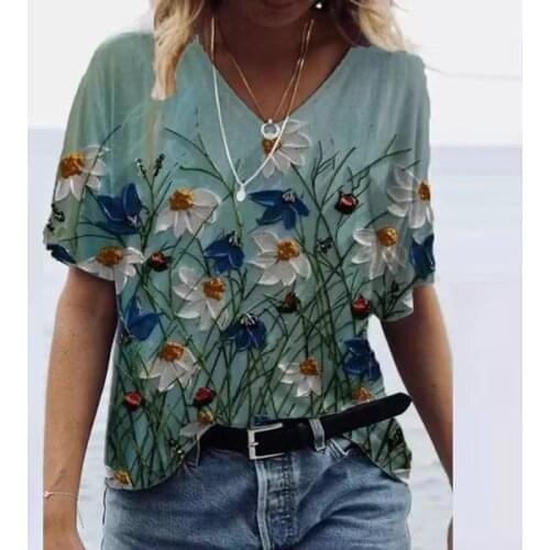 2021 Summer Women T Shirts Floral Plant Printed V-Neck Short Sleeve Tops Ladies Casual Loose T-Shirts Plus Size Summer Tee Tops