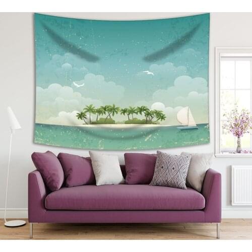 Tapestry Tropic Island Palm Trees Ocean Havaii Beach Vintage Poster Style Artwork in Teal and Green Colors Print