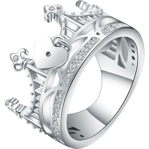 Exquisite White Zircon Castle Love Heart Crown Ring Design Silver Color Women Custom Jewelry Wedding Bands Finger Ring Online