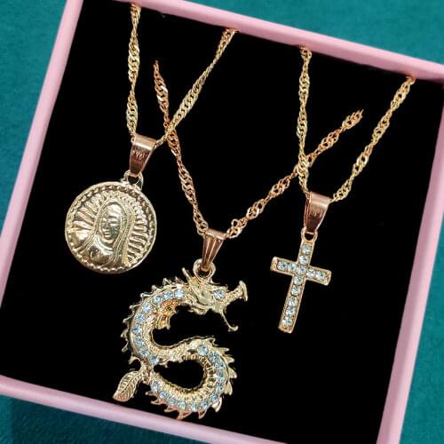 JUST FEEL 3Pcs/Set Gold Color Metal Necklace for Women Crystal Dragon Cross Portrait Coin Pendant Necklace Fashion Party Jewelry