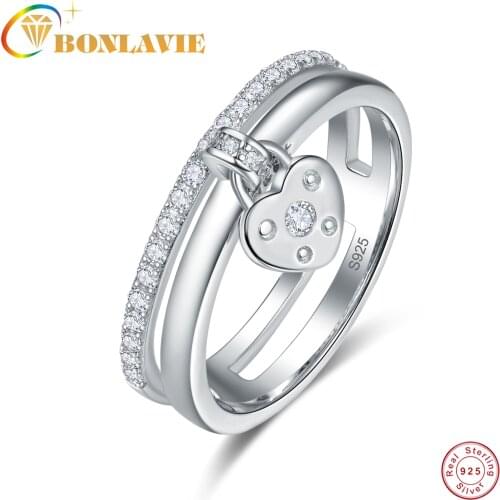 BONLAVIE Hollow Ring Face Heart-shaped Lock Pendant Zircon Ring 925 Silver Wedding Ring for Engagement