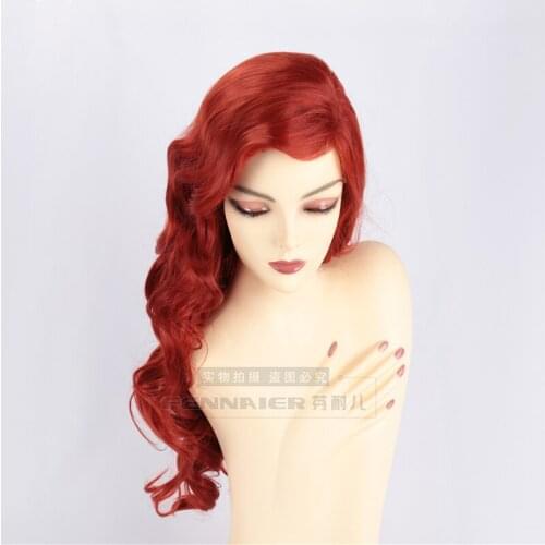 Halloween RED Long Wavy Synthetic Cosplay Wig Copper Red With Big Swap Bangs Drag Queen Wig Little mermaid long Hair