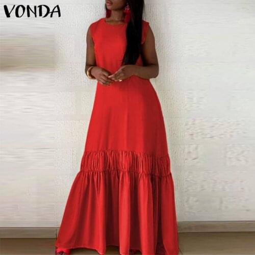 Summer 2021 VONDA Casual Solid Sexy Sleeveless Tank Dress Long Maxi Dresses Bohemian Vestidos Plus Size Beach Sundress 5XL