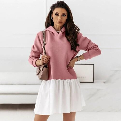 Fashion Pink Patchwork Hooded Mini Dress Women 2021 Autumn Long Sleeve Loose Casual Sweatshirt Dresses For Woman Fall Robe Femme