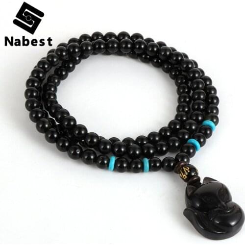 Men Women Vintage Natural Stone Obsidian 108 Male 6mm Beads Necklace Black Fox Animal Pendant Lucky Paryer Sweater Chain Jewelry