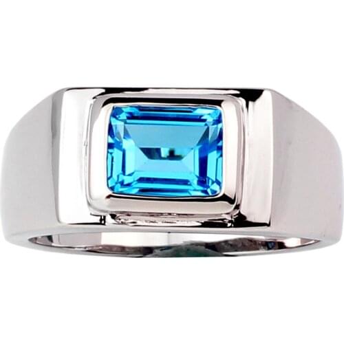 Natural Blue Topaz Men Ring Silver 925 Band 7x9mm Emerald Cut Gemstone December Birthstone Jewelry R509BTN