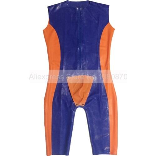 Sleeveless Dark Blue and Orange Trims Male Latex Rubber Sexy Catsuit with Crotch Cover Handmade Bodysuit Latex Suit S-LCM182